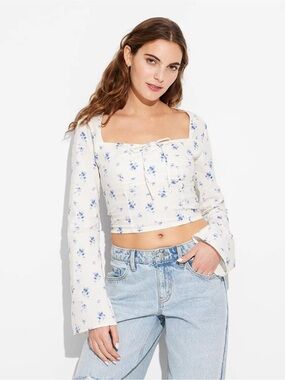wild fable White Floral Square-Neck Tie-Front Crop Top